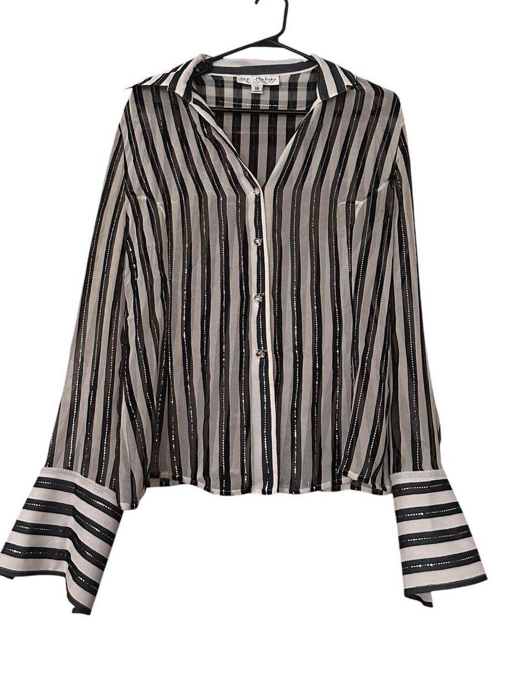 St. John Black & White Sheer Silk Striped Button-Down Blouse Size 10 📦 - Picture 1 of 8